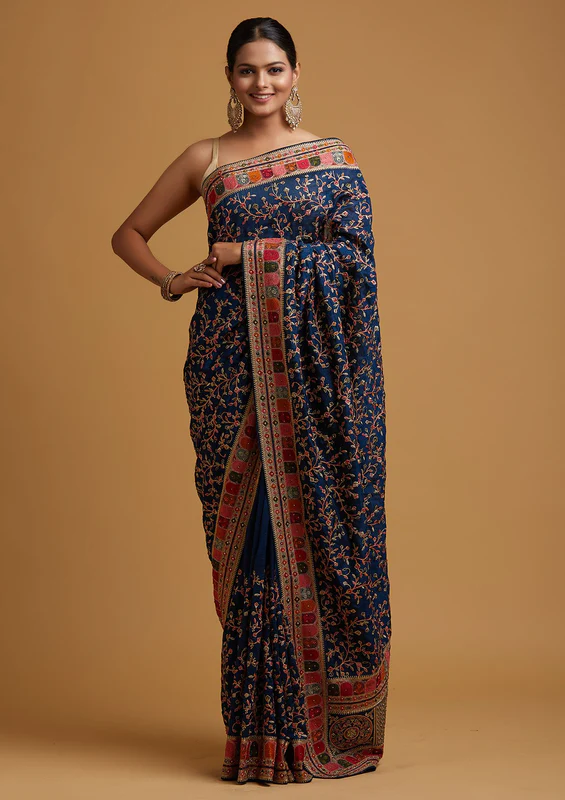 Peacock Blue Zariwork Art Silk Saree